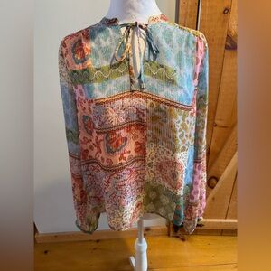 Boho Multicolor Tie-Neck Blouse, M